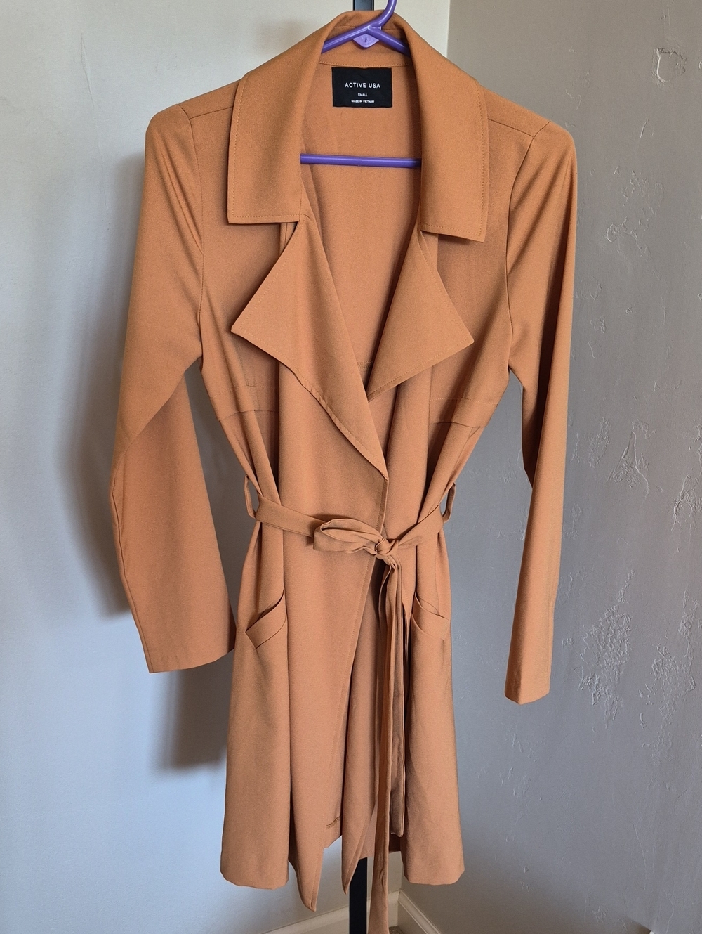 Active USA Camel/Tan Long Tie-Waist Trench Cardigan Size Small